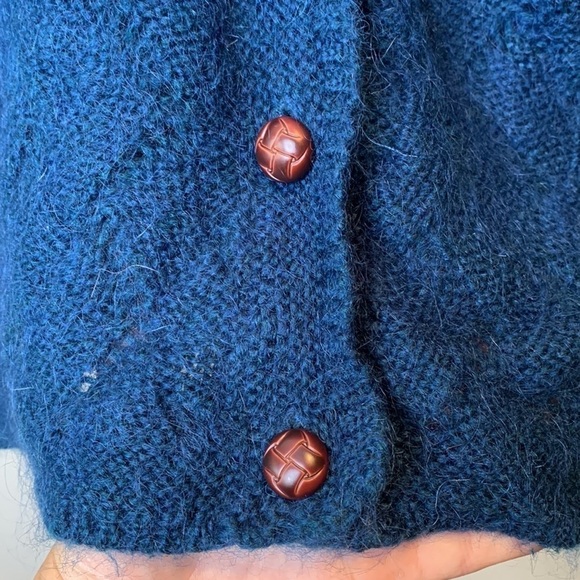 Yarnworks Blue Mohair Acrylic Blend Button Down Textured Knit V Neck Cardigan L - Picture 8 of 12